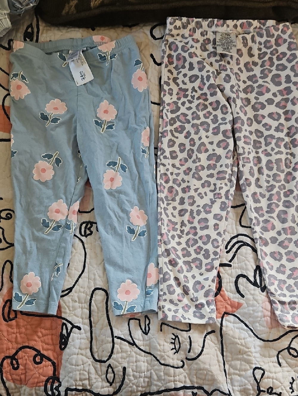 Girls Floral Blue Leggings & Pink Leopard Leggings - 4 Leggings